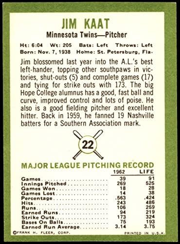 1963 Fleer 22 Jim Kaat Minnesota Blizanci (Bejzbol Karticu) NM+ Blizanci
